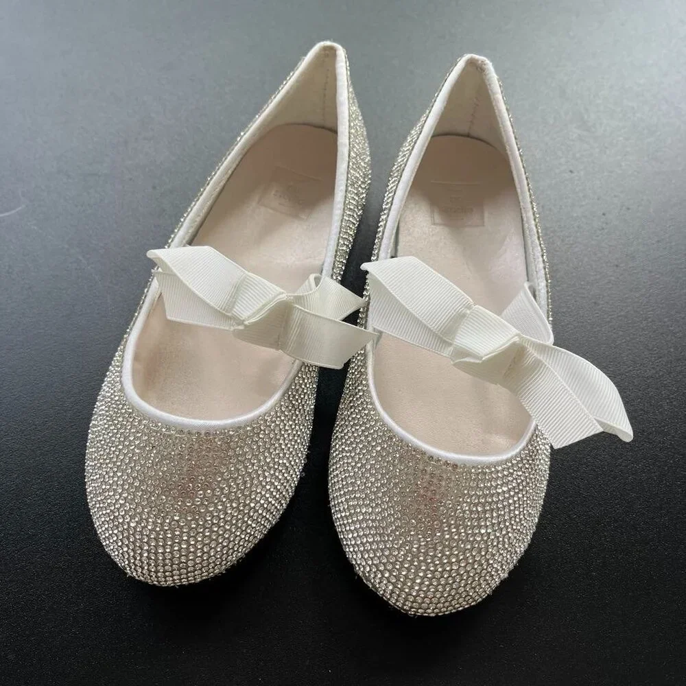 David’s Bridal Crystal Ballet Flats white shoes girl Ribbon Bow 12Y DB Studio